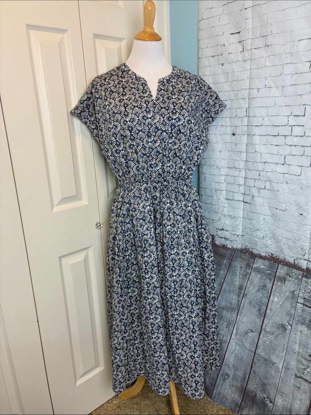 C&C California Dress Womens XL Blue White Print Cotton Maxi Cottagecore Vacation